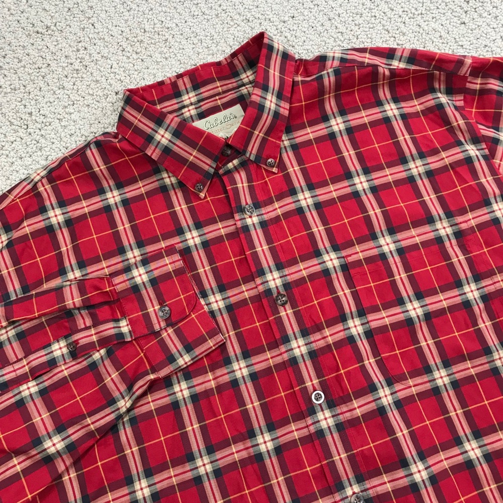 Cabelas Outfitter Series Mens 2XL Red Plaid Button Down Shirt 100% Cotton L/S